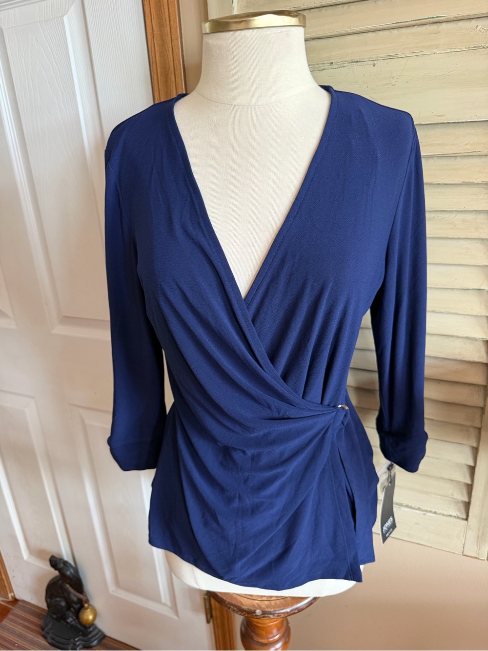 Jones New York Navy Wrap-Front 3/4 Sleeve Blouse